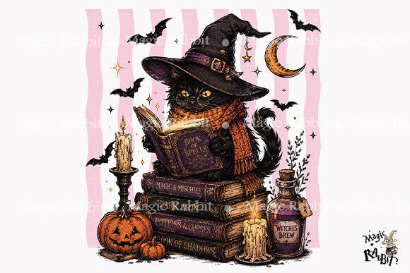 Download Witch Cat Book Stack PNG - Book Collection